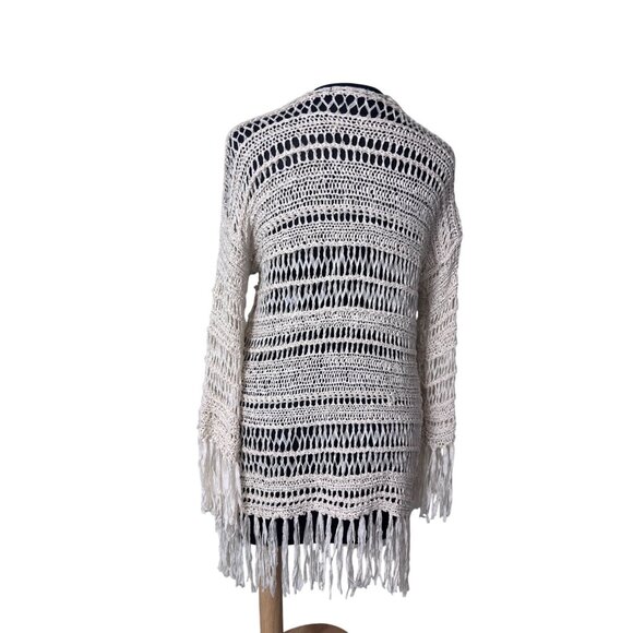 Crochet Open Front Fringe Cardigan Sweater By Kiwitucker S 100% Cotton Beige Lig - Picture 3 of 12